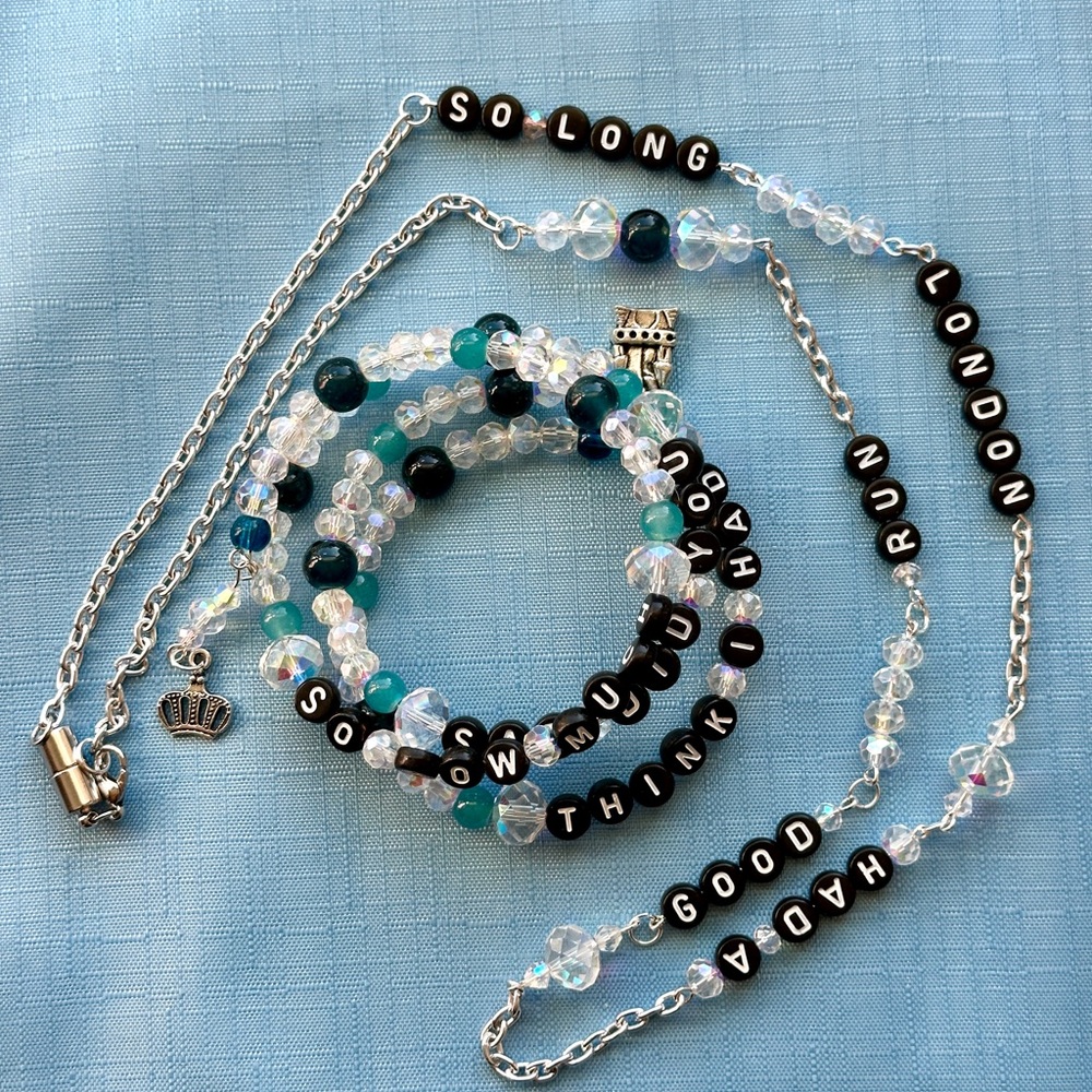 "So Long London" Coil Bracelet & Necklace set Crystal Teal Crown & Castle charms